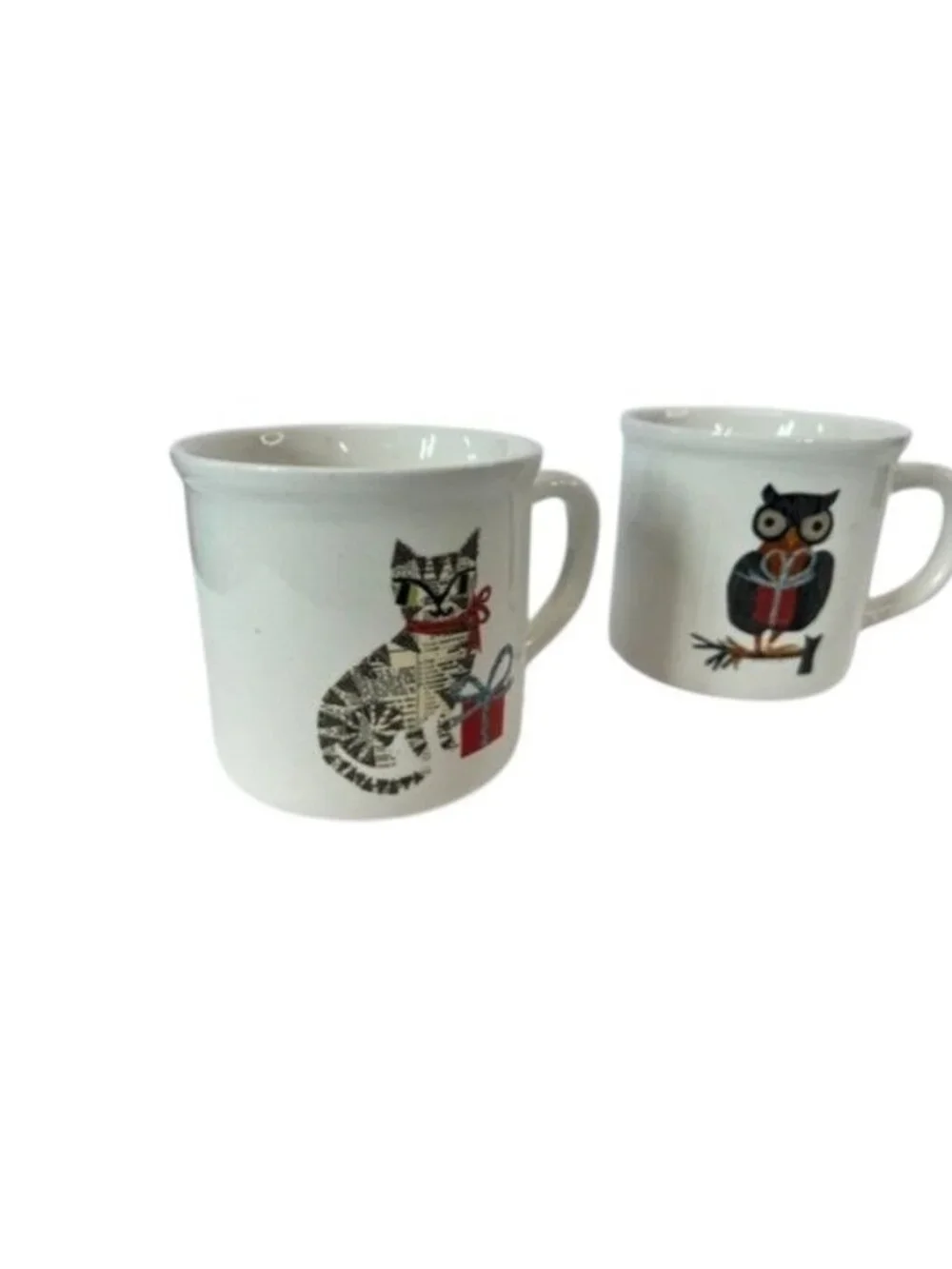 3 POTTERY BARN DENISE FIEDLER WHIMSICAL CAT,FOX & OWL MUGS -A FUN TASTE OF NATUR